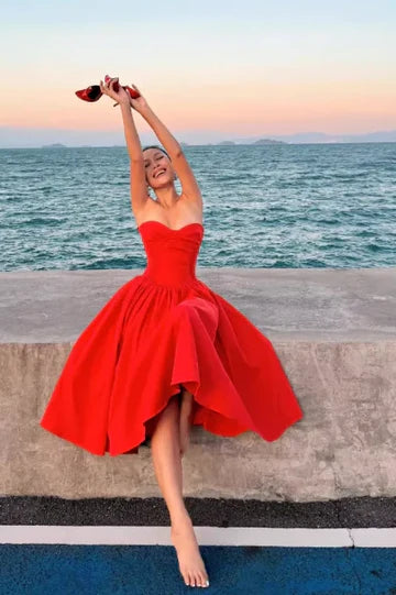 Red Strapless Sweetheart Neckline Flared Midi Dress with Corset Bodice