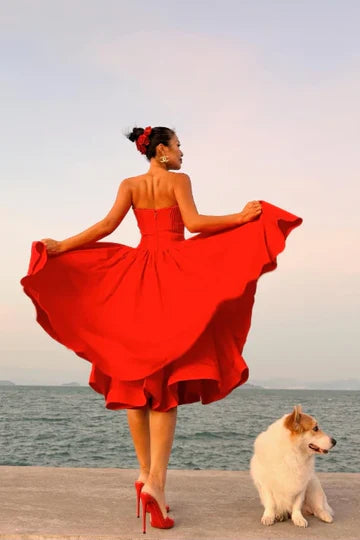 Red Strapless Sweetheart Neckline Flared Midi Dress with Corset Bodice