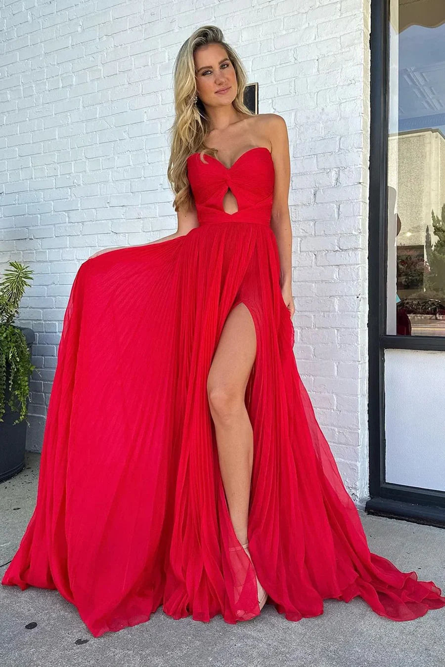 Red Tulle Strapless Cutout A-Line Prom Dress with Slit