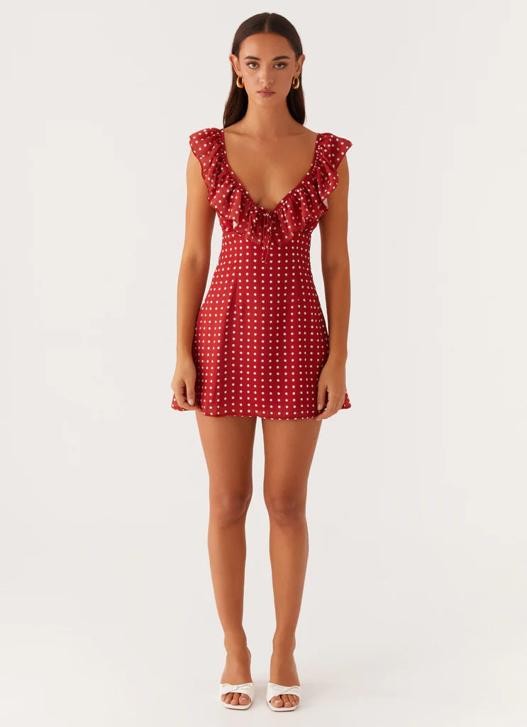 Red White Polka Dot Ruffle Backless Tie Mini Dress For Elegant Casual Party Events