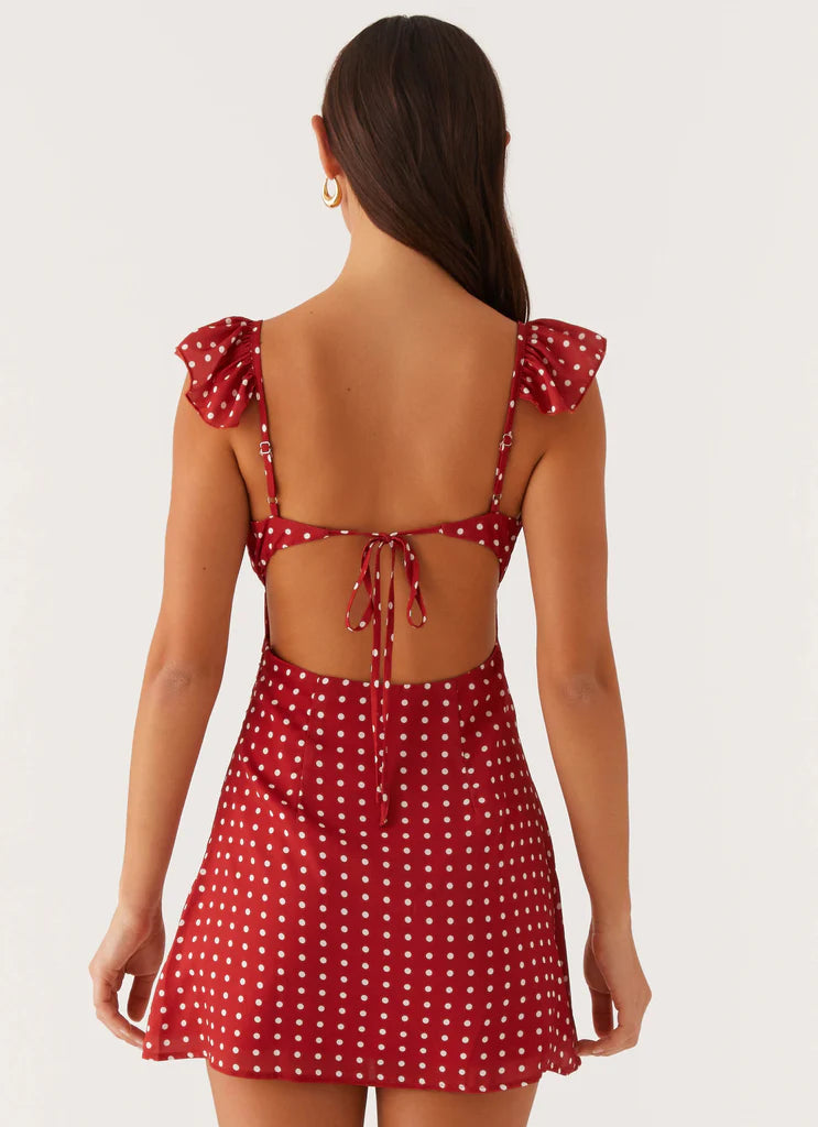 Red White Polka Dot Ruffle Backless Tie Mini Dress For Elegant Casual Party Events