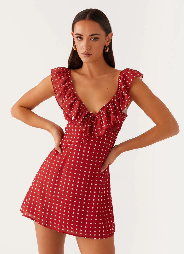Red White Polka Dot Ruffle Backless Tie Mini Dress For Elegant Casual Party Events
