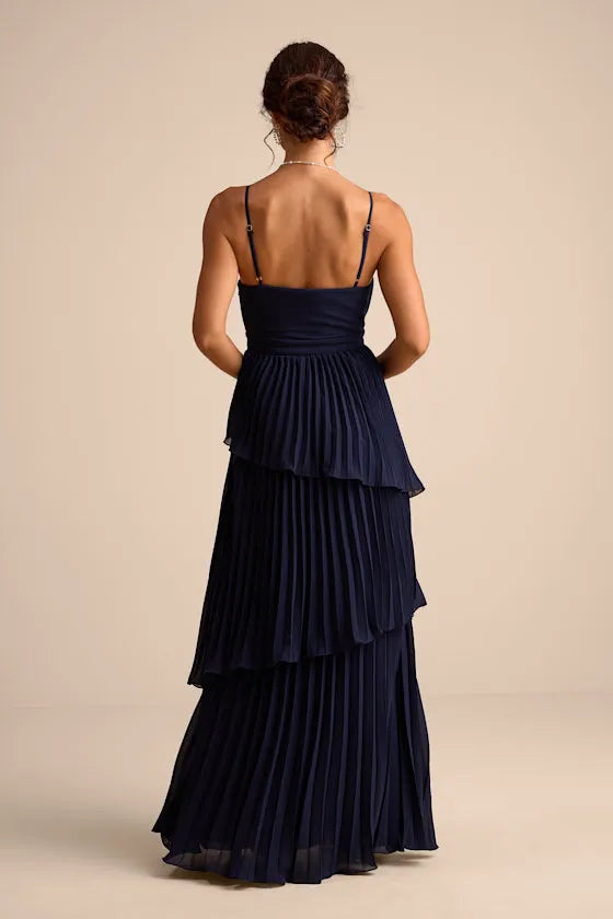 Refined A-Line Sweetheart Spaghetti-Strap Open-Back Tiered-Pleated Floor-Length Prom Dress