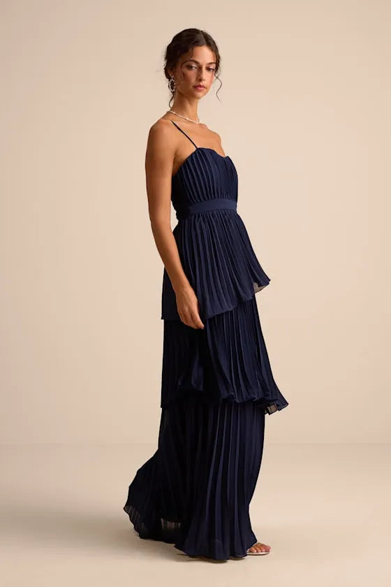 Refined A-Line Sweetheart Spaghetti-Strap Open-Back Tiered-Pleated Floor-Length Prom Dress