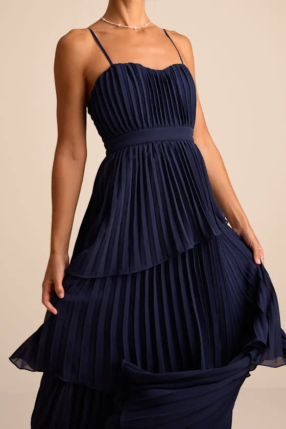 Refined A-Line Sweetheart Spaghetti-Strap Open-Back Tiered-Pleated Floor-Length Prom Dress