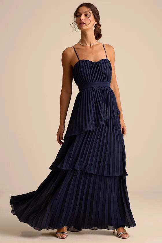 Refined A-Line Sweetheart Spaghetti-Strap Open-Back Tiered-Pleated Floor-Length Prom Dress