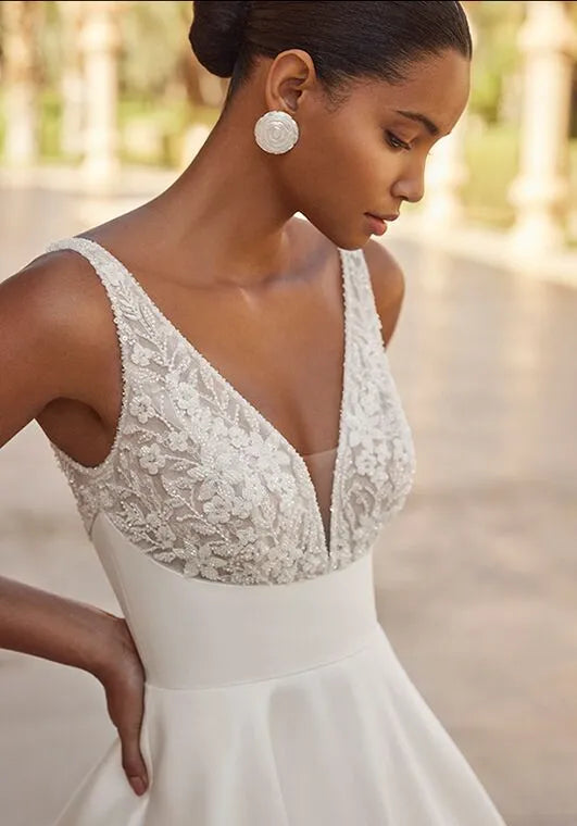 Regal A-Line Plunge Neck Sleeveless Lace Back Train Wedding Dresses