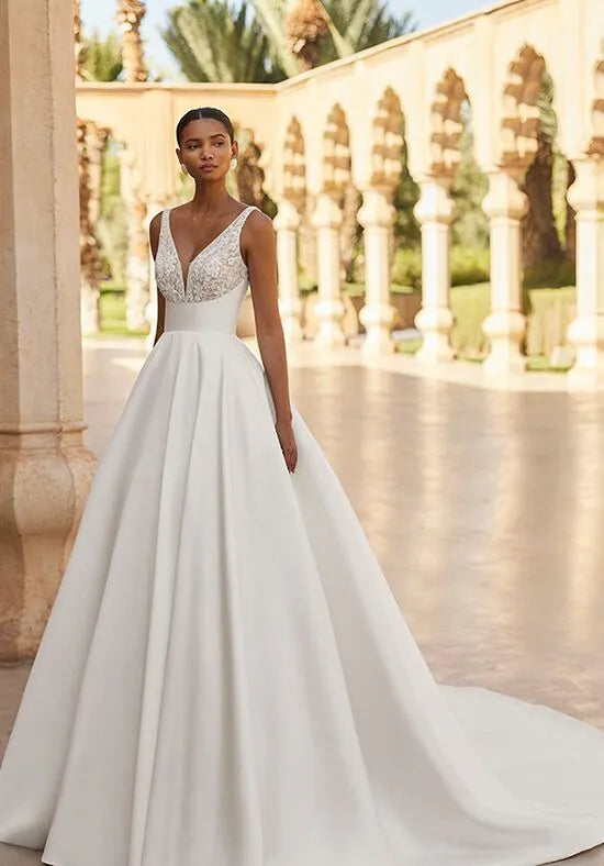Regal A-Line Plunge Neck Sleeveless Lace Back Train Wedding Dresses