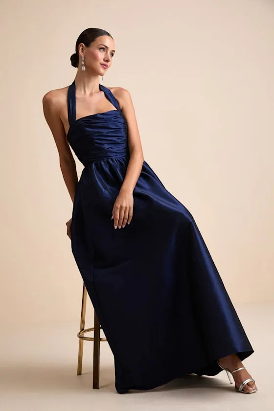 Regal A-Line Square-Neck Halter-Strap Open-Back Ruched-Bodice Floor-Length Prom Dress