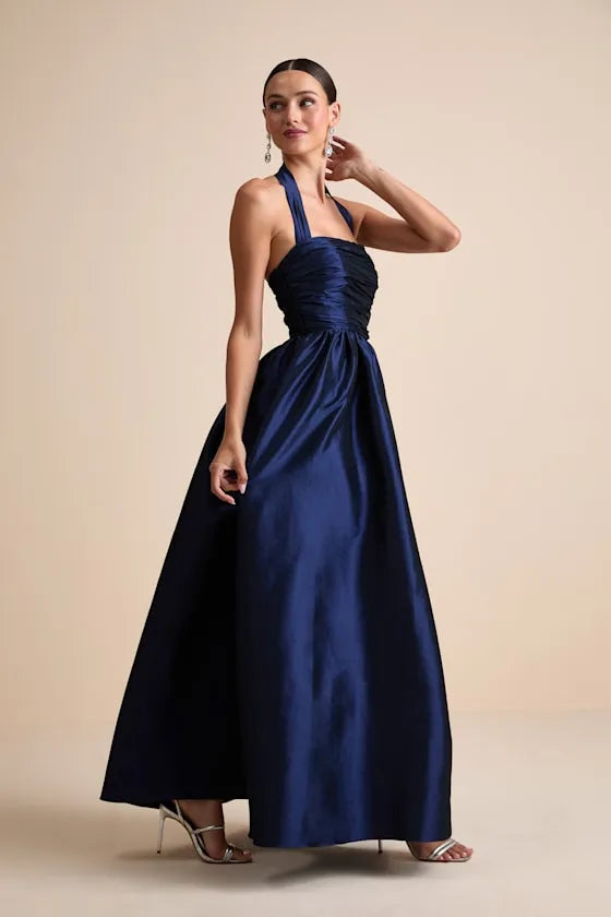 Regal A-Line Square-Neck Halter-Strap Open-Back Ruched-Bodice Floor-Length Prom Dress
