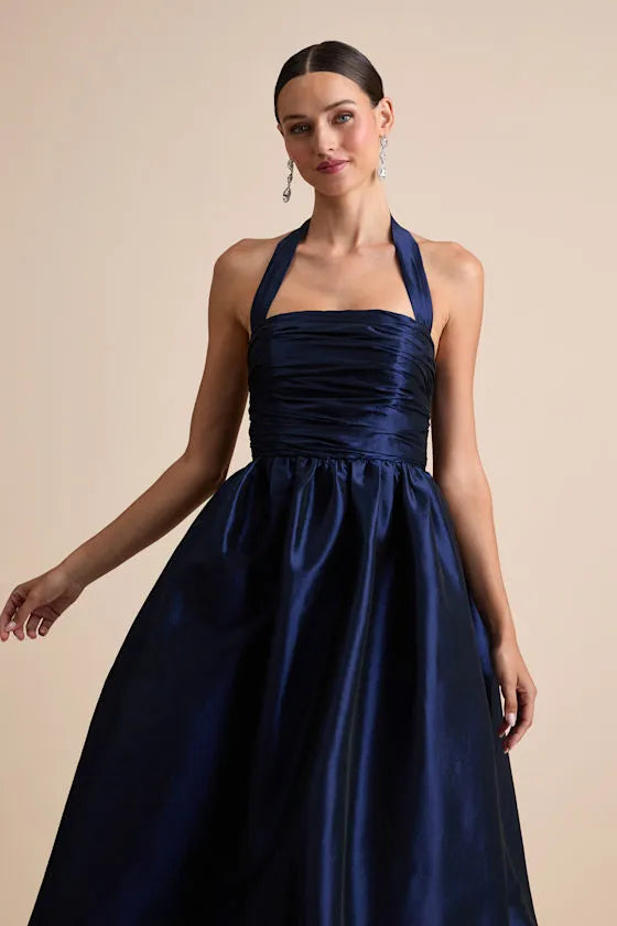 Regal A-Line Square-Neck Halter-Strap Open-Back Ruched-Bodice Floor-Length Prom Dress