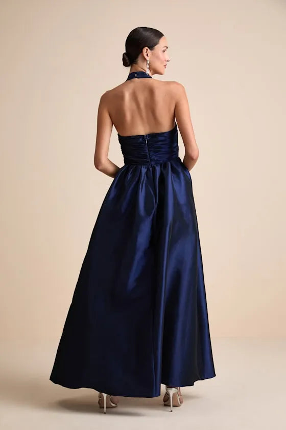 Regal A-Line Square-Neck Halter-Strap Open-Back Ruched-Bodice Floor-Length Prom Dress