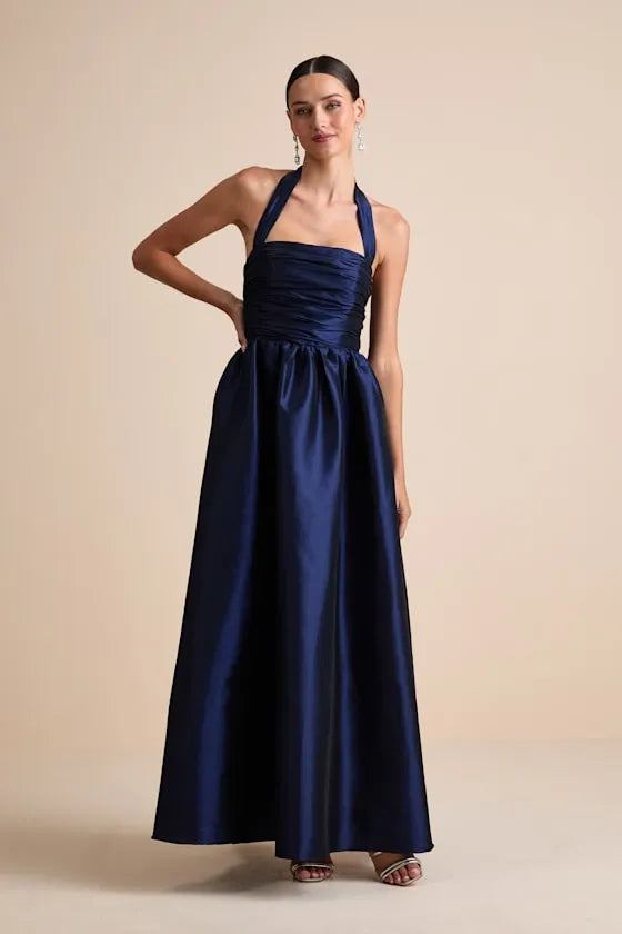 Regal A-Line Square-Neck Halter-Strap Open-Back Ruched-Bodice Floor-Length Prom Dress