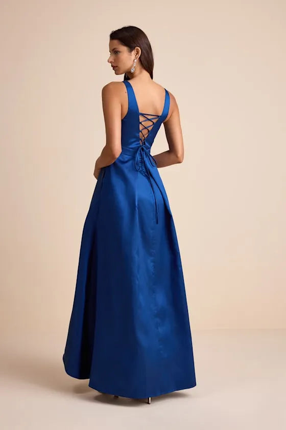 Regal A-Line Square-Neck Sleeveless Crisscross-Lace-Up-Back High-Low Prom Dress