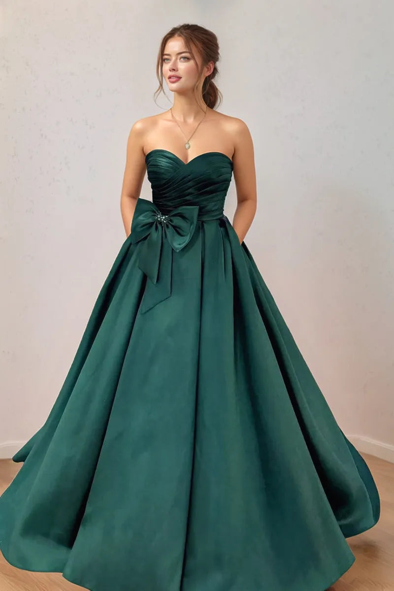 Regal Ballgown Sweetheart Strapless Bow-Embellished Open-Back Floor-Length Prom Dress