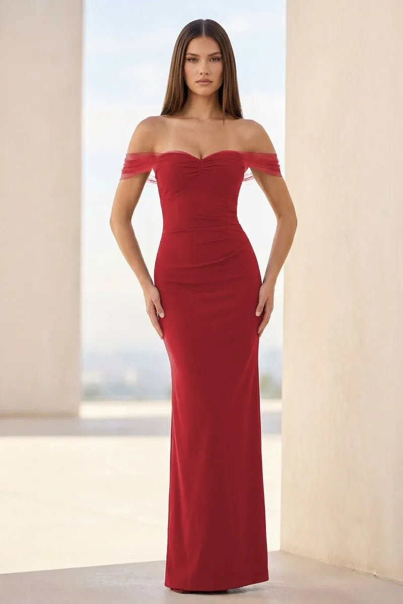 Regal Mermaid Off-Shoulder Sheer-Sleeve Lace-Up-Back Floor-Length Prom Dress