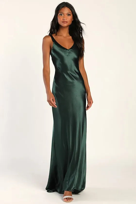 Regal Mermaid V-Neck Spaghetti-Strap Crisscross-Back Satin Floor-Length Prom Dress
