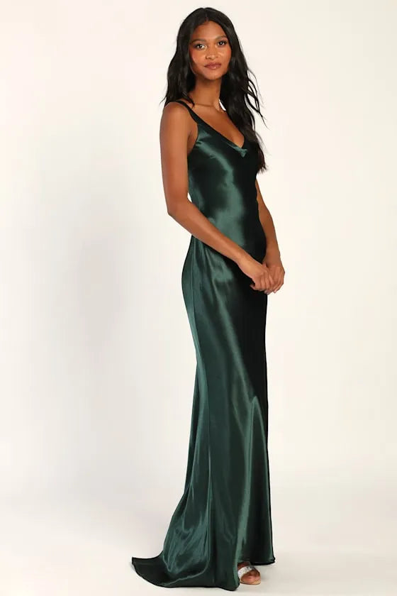 Regal Mermaid V-Neck Spaghetti-Strap Crisscross-Back Satin Floor-Length Prom Dress