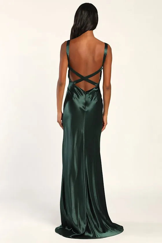 Regal Mermaid V-Neck Spaghetti-Strap Crisscross-Back Satin Floor-Length Prom Dress