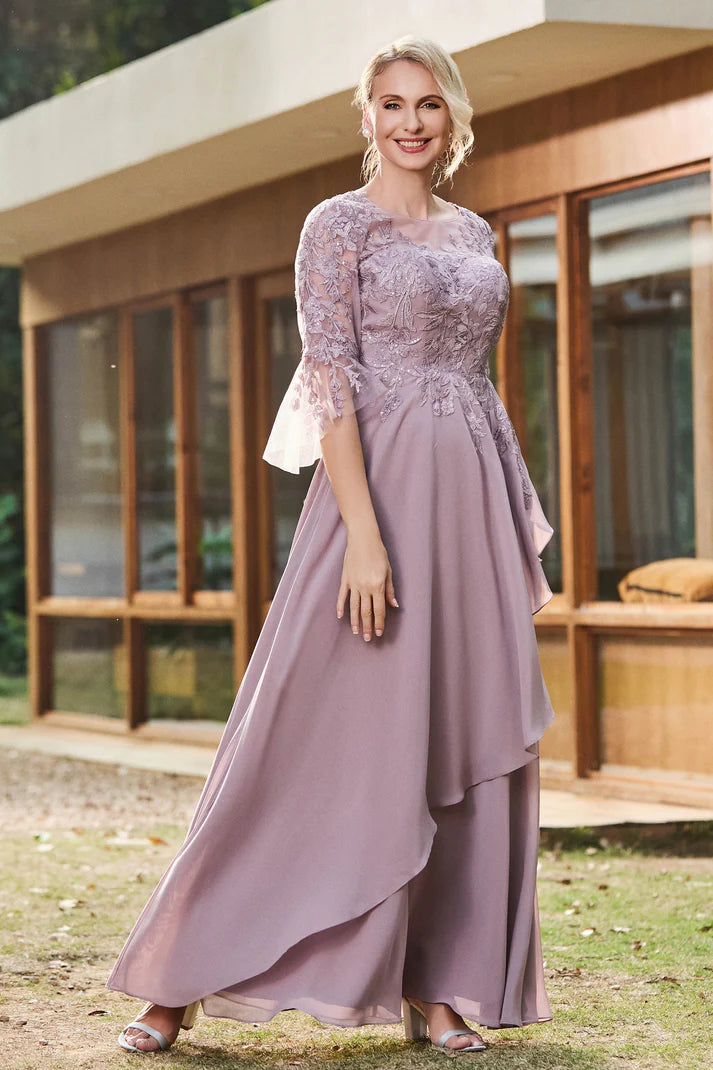 Romantic A-Line Boat-Neck 3/4-Sleeve Keyhole-Back High-Low Mother of the Bride Dresses