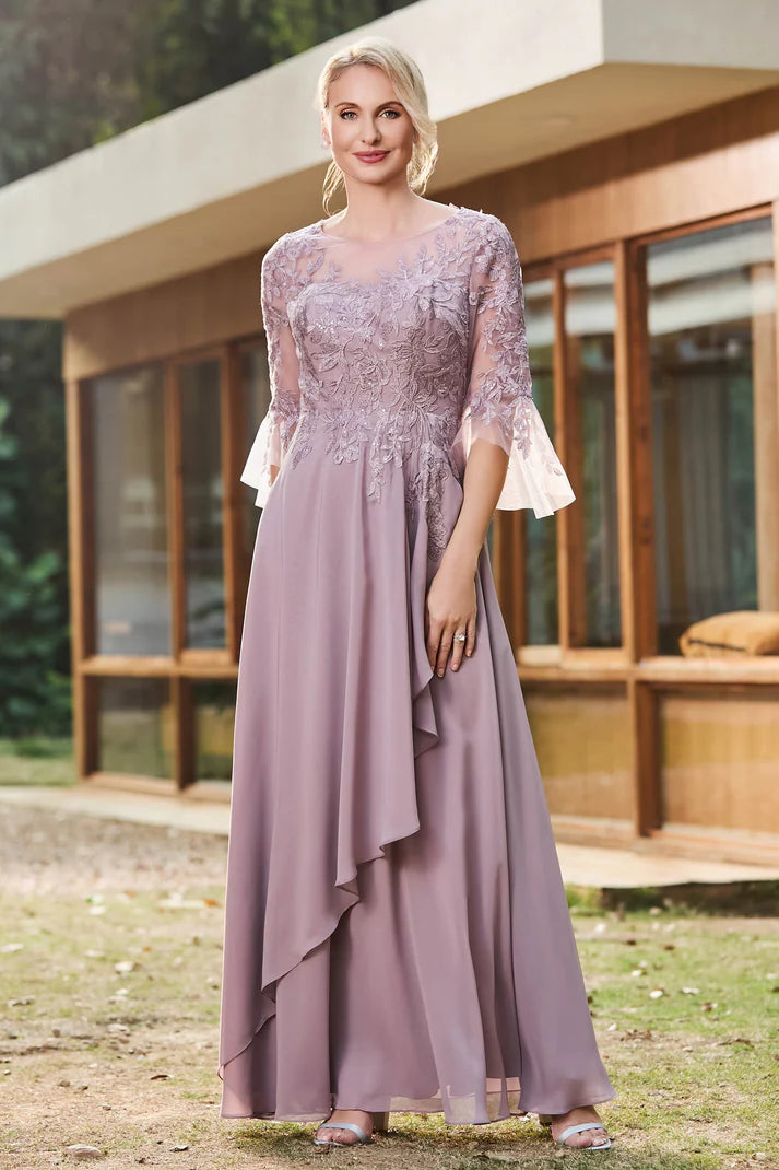 Romantic A-Line Boat-Neck 3/4-Sleeve Keyhole-Back High-Low Mother of the Bride Dresses