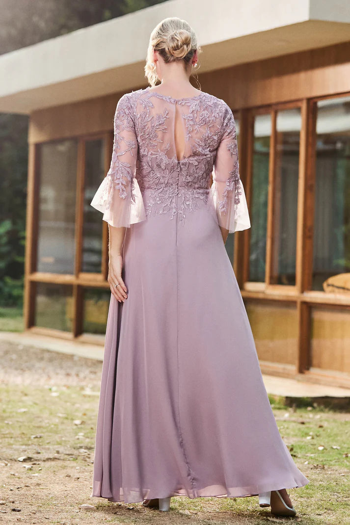 Romantic A-Line Boat-Neck 3/4-Sleeve Keyhole-Back High-Low Mother of the Bride Dresses
