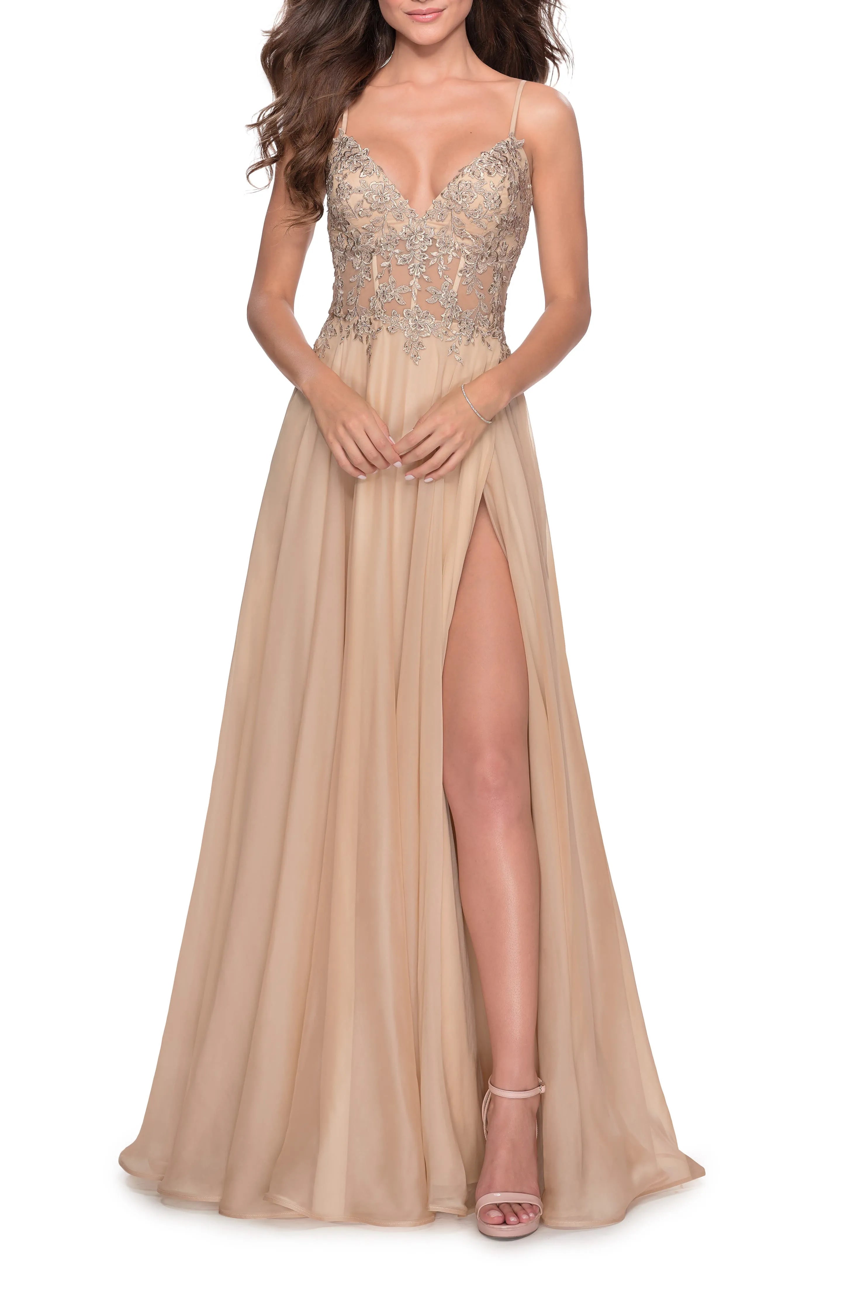 Romantic A -Line Deep V -Neck Spaghetti Strap Lace - Embellished Back Zip Side Leg Slit Floor - Length Prom Dresses