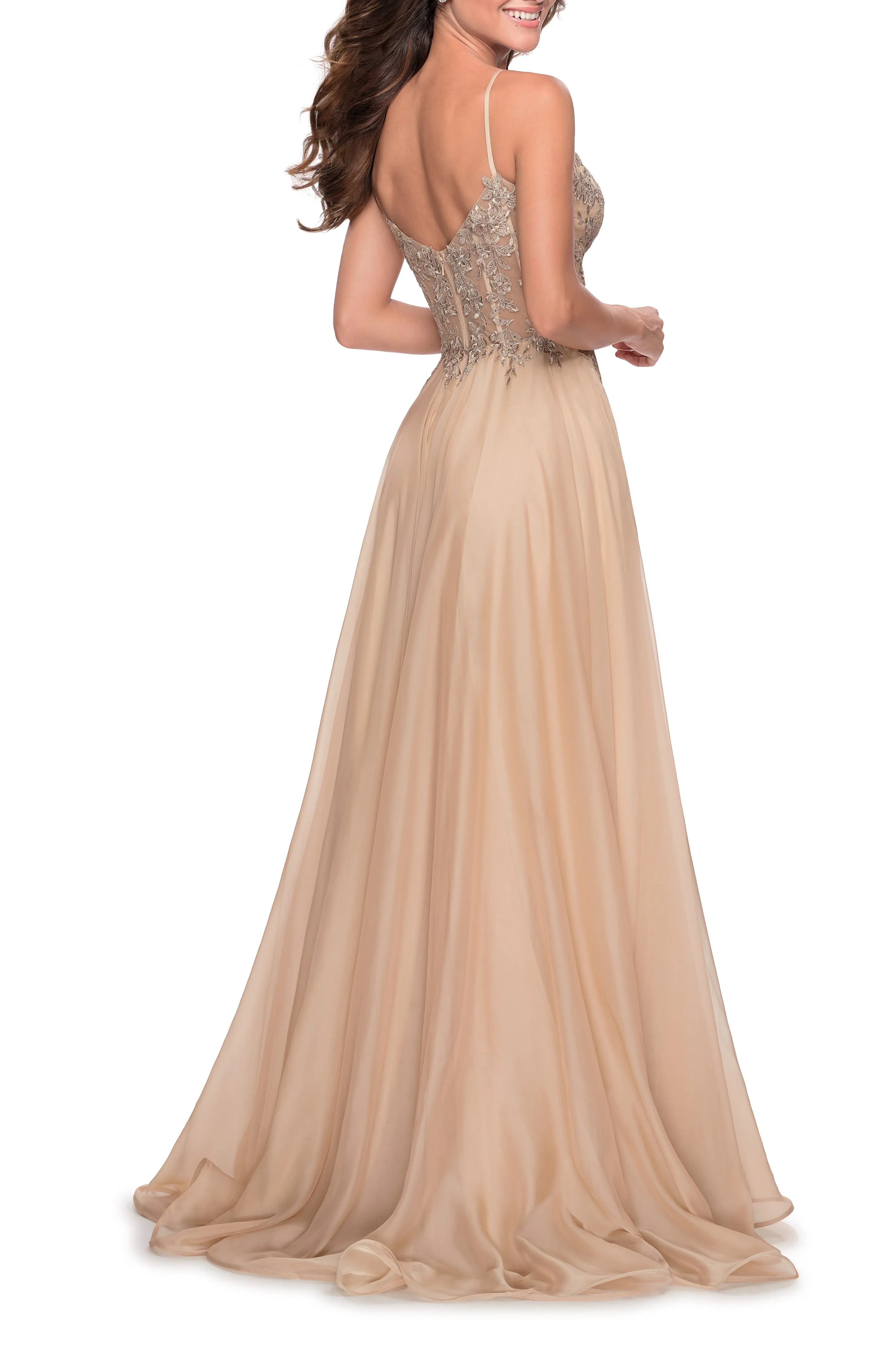 Romantic A -Line Deep V -Neck Spaghetti Strap Lace - Embellished Back Zip Side Leg Slit Floor - Length Prom Dresses