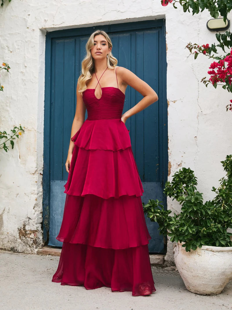 Romantic A-Line Halter-Neck Sleeveless Tiered-Back Floor-Length Prom Dress