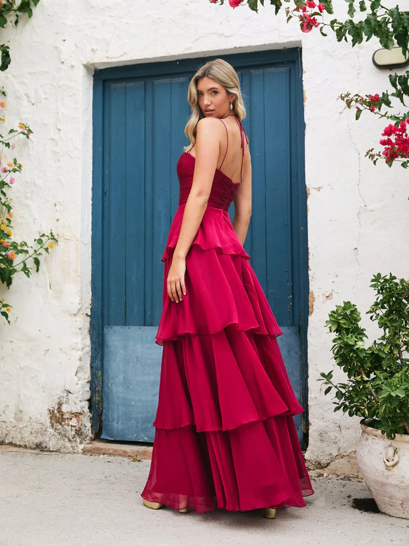 Romantic A-Line Halter-Neck Sleeveless Tiered-Back Floor-Length Prom Dress