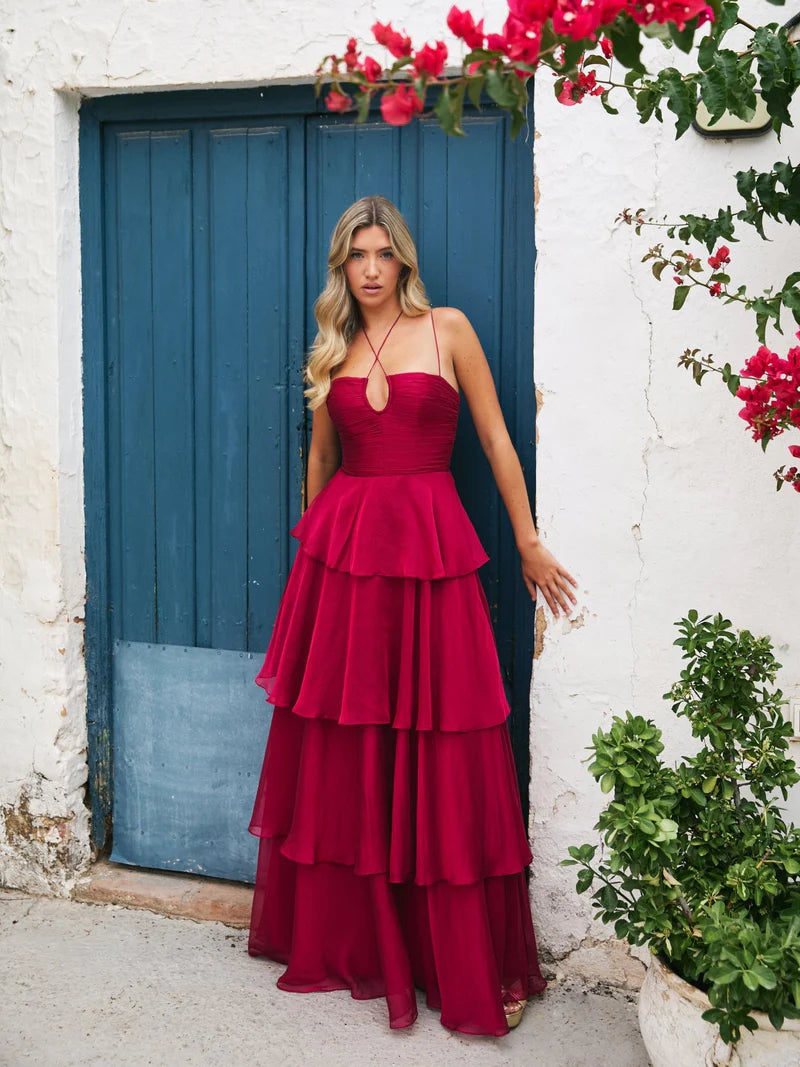 Romantic A-Line Halter-Neck Sleeveless Tiered-Back Floor-Length Prom Dress