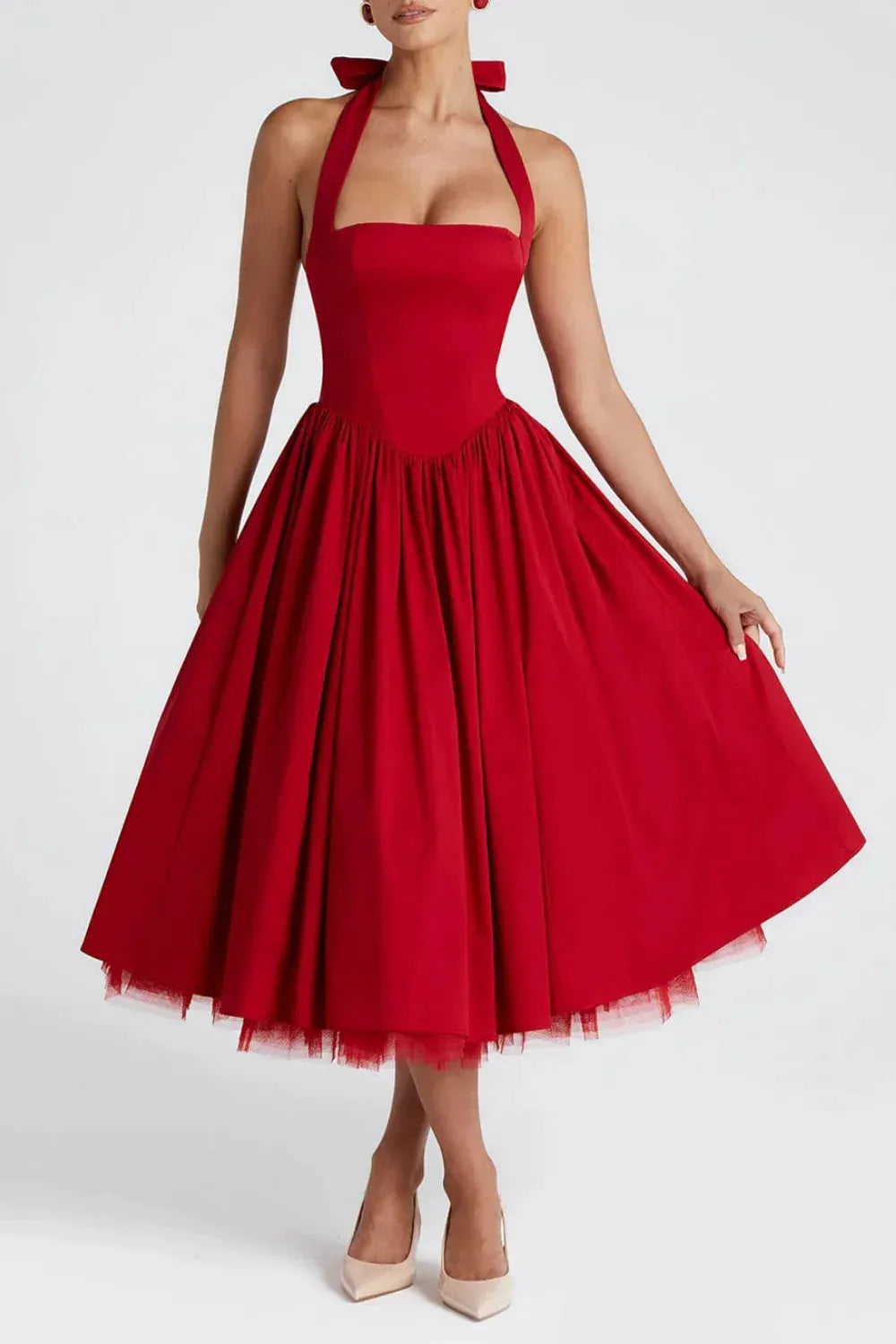 Romantic A-Line Halter Neck Sleeveless Tie-Back Tea-Length Evening Dresses