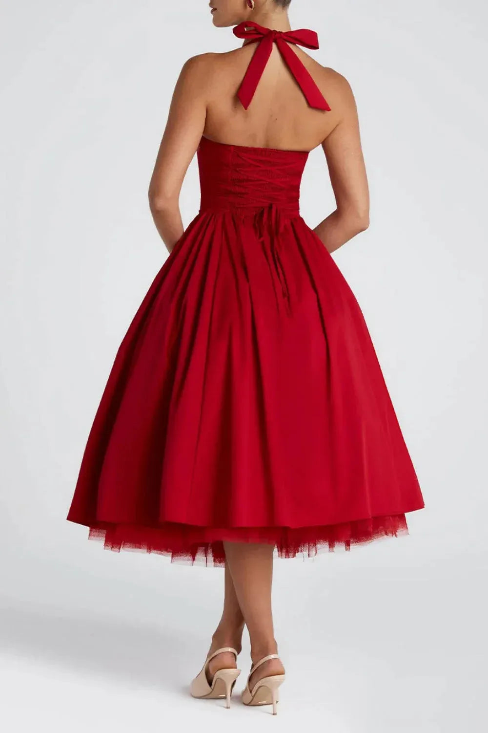 Romantic A-Line Halter Neck Sleeveless Tie-Back Tea-Length Evening Dresses