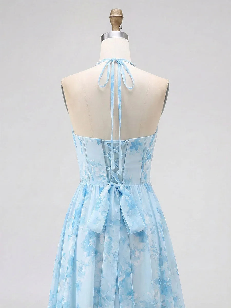 Romantic A-Line Halter V-Neck Lace-Up Back Floor-Length Prom Dresses