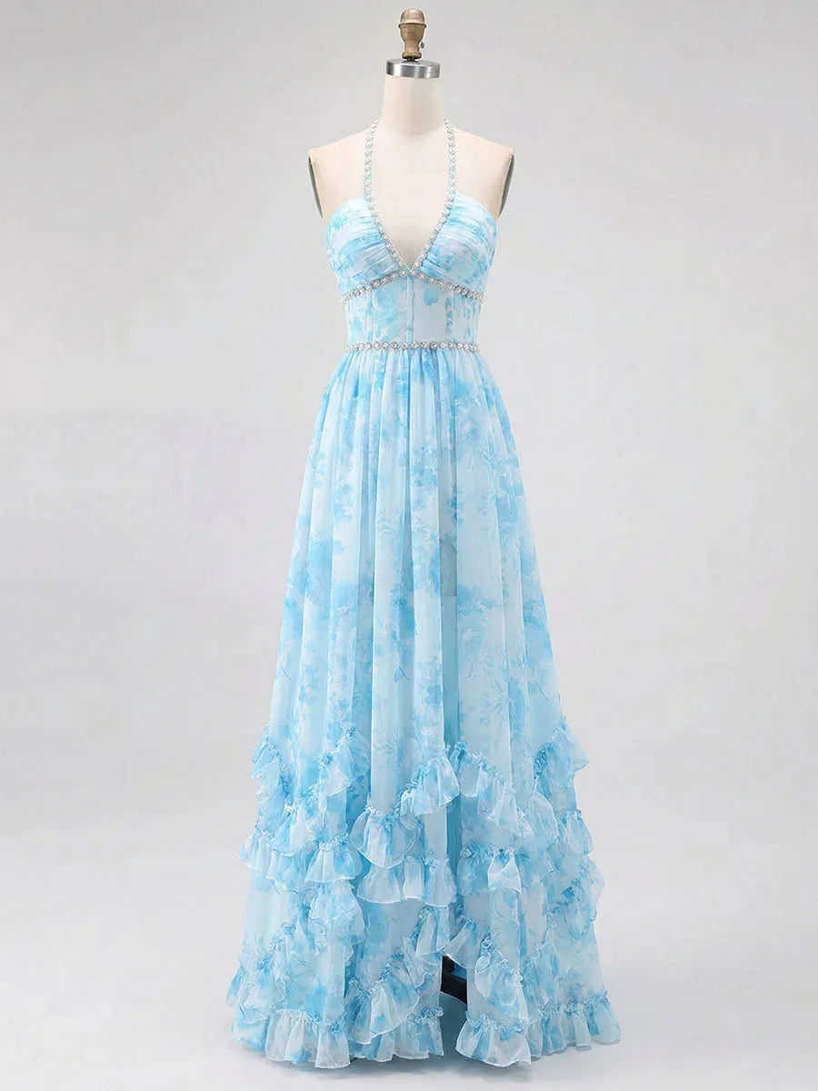 Romantic A-Line Halter V-Neck Lace-Up Back Floor-Length Prom Dresses