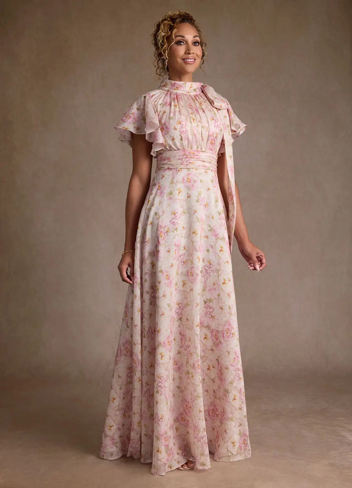 Romantic A-Line High Neck Flutter-Sleeve Bow-Back Floor-Length Mother of the Bride Dresses