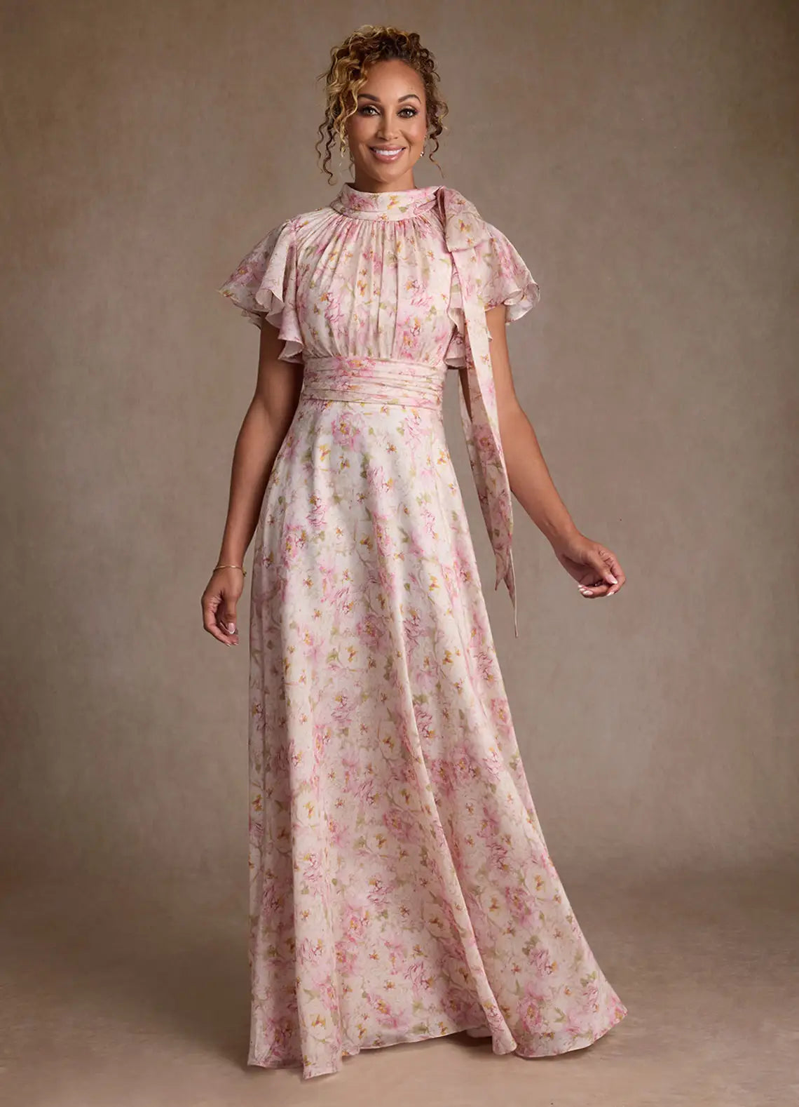 Romantic A-Line High Neck Flutter-Sleeve Bow-Back Floor-Length Mother of the Bride Dresses