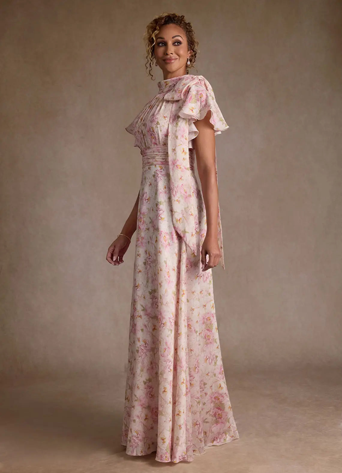 Romantic A-Line High Neck Flutter-Sleeve Bow-Back Floor-Length Mother of the Bride Dresses