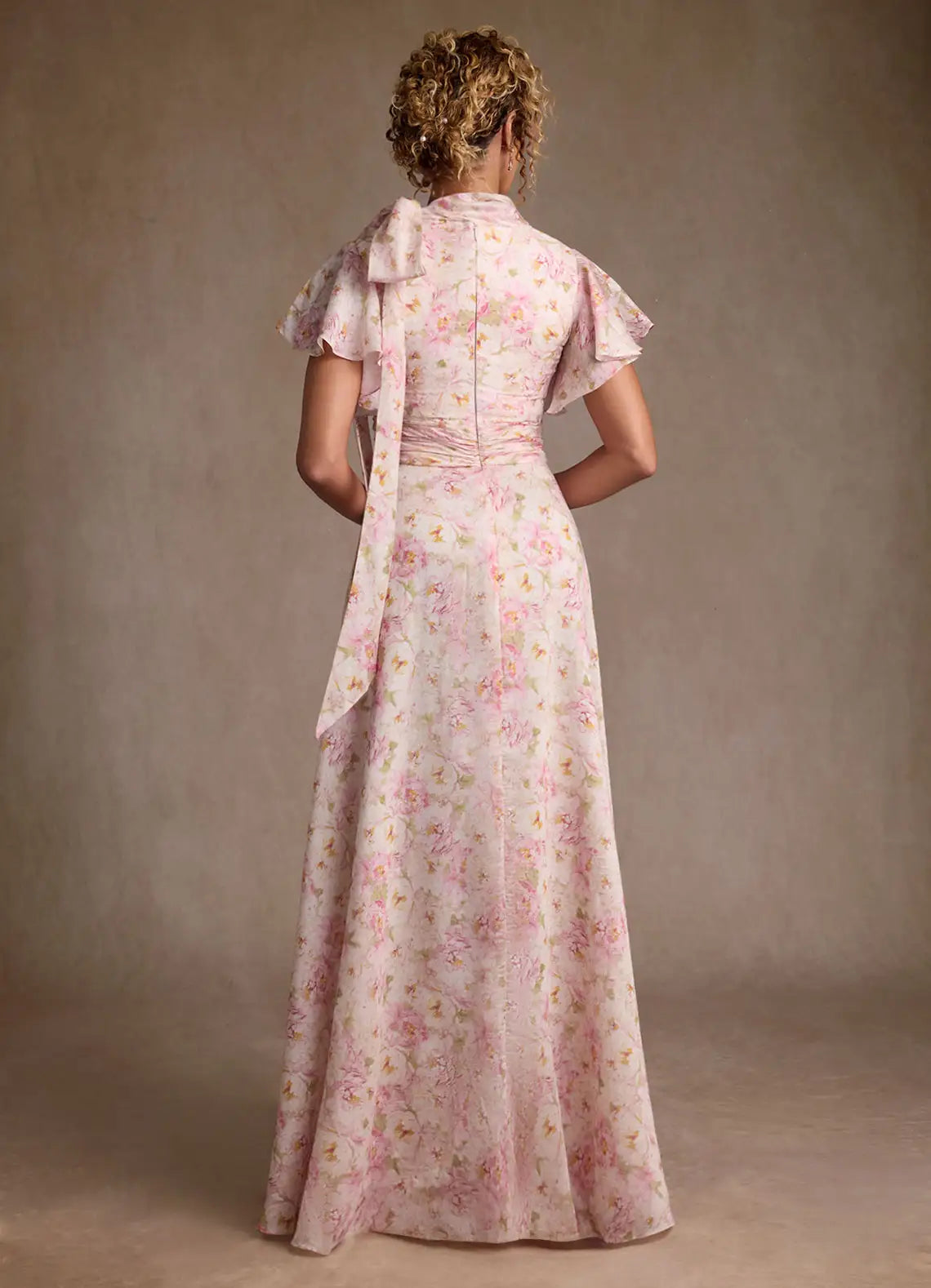 Romantic A-Line High Neck Flutter-Sleeve Bow-Back Floor-Length Mother of the Bride Dresses