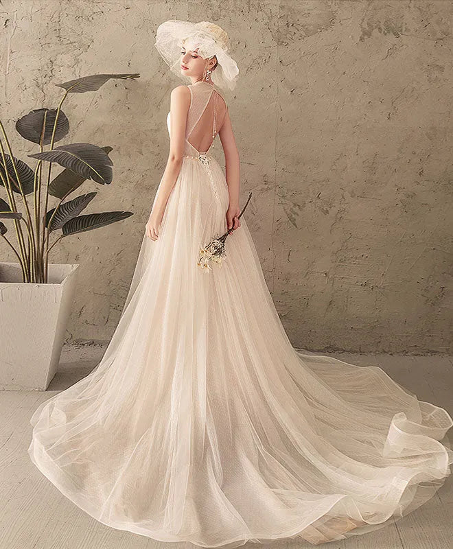 Romantic A-Line High Neck Sleeveless Tulle Lace Open-Back Lace Up Sweep/Brush Train Wedding Dress