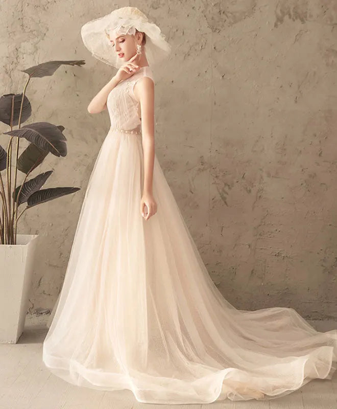Romantic A-Line High Neck Sleeveless Tulle Lace Open-Back Lace Up Sweep/Brush Train Wedding Dress