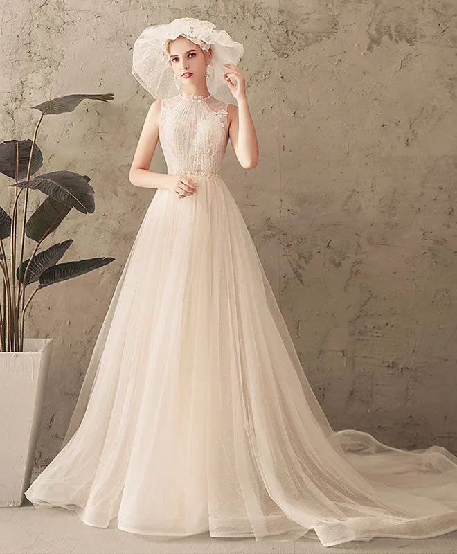 Romantic A-Line High Neck Sleeveless Tulle Lace Open-Back Lace Up Sweep/Brush Train Wedding Dress