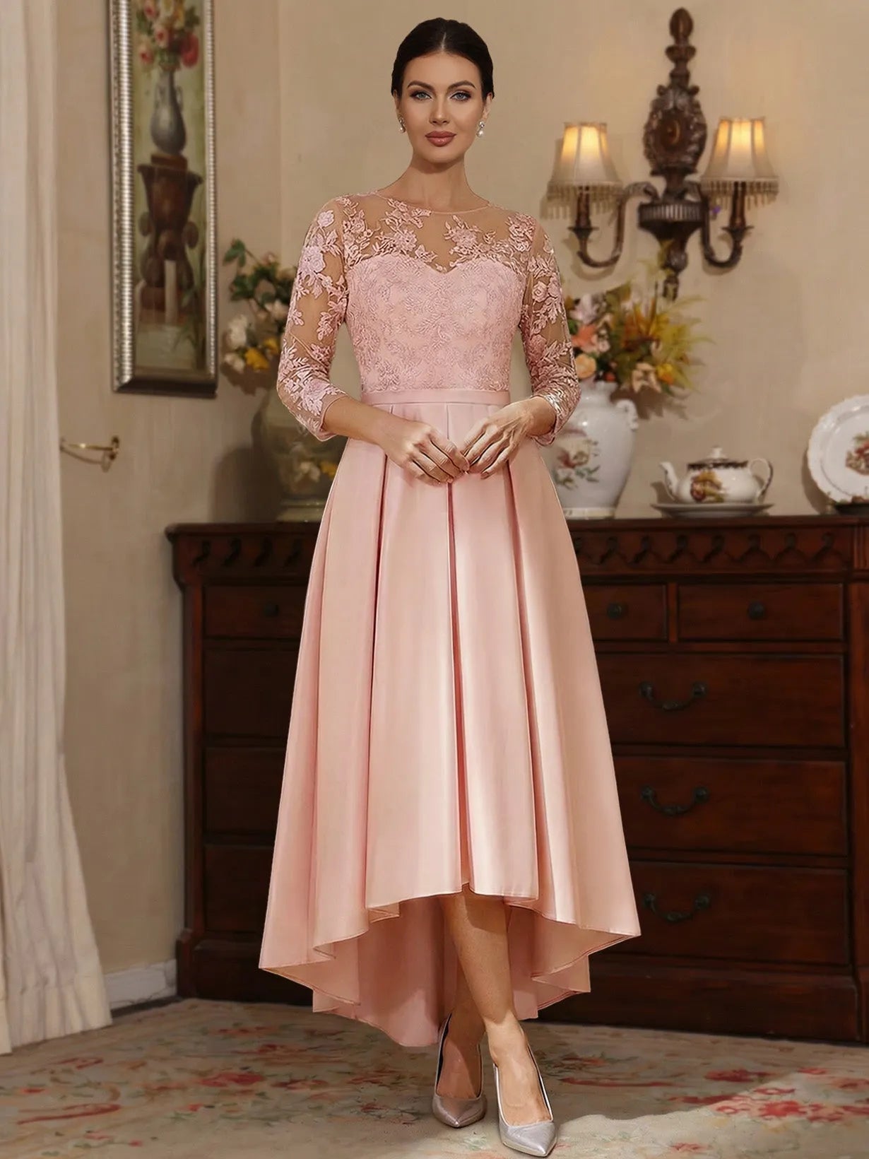 Romantic A-Line Illusion-Neck 3/4-Sleeve Button-Back High-Low Mother of the Bride Dresses