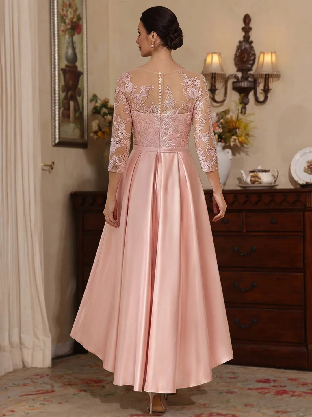 Romantic A-Line Illusion-Neck 3/4-Sleeve Button-Back High-Low Mother of the Bride Dresses