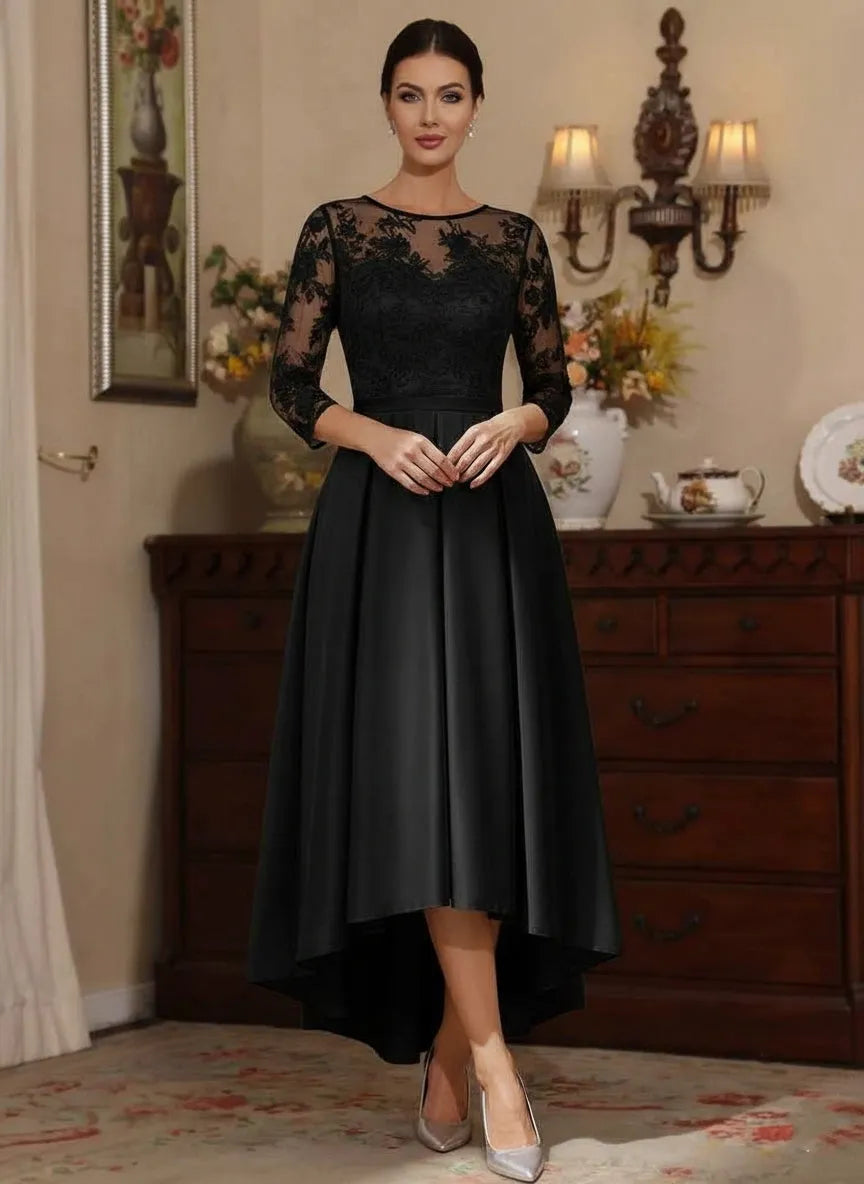 Romantic A-Line Illusion-Neck 3/4-Sleeve Button-Back High-Low Mother of the Bride Dresses