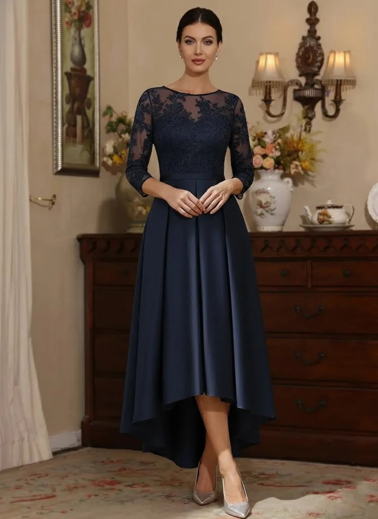 Romantic A-Line Illusion-Neck 3/4-Sleeve Button-Back High-Low Mother of the Bride Dresses