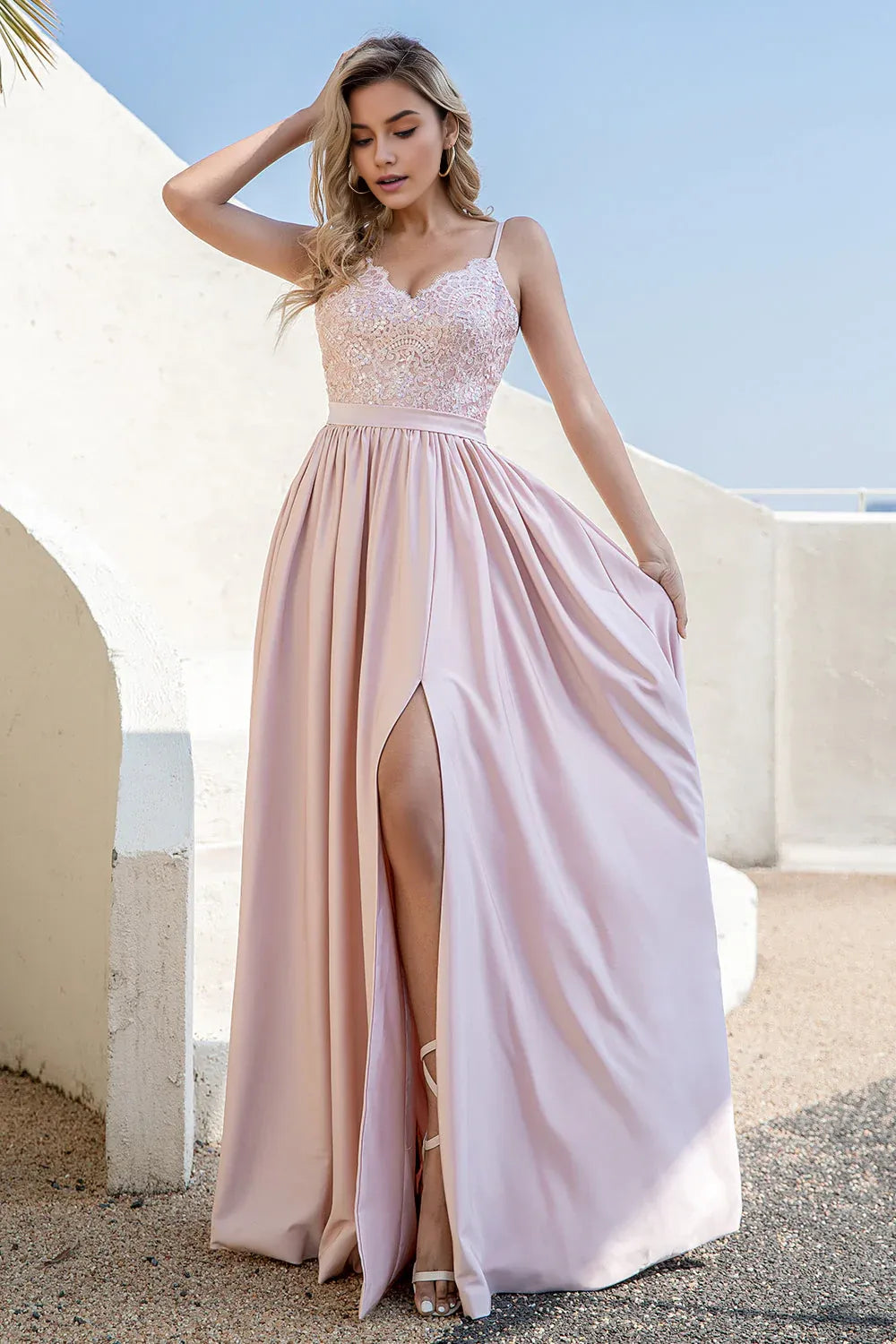 Romantic A-Line Lace V-Neck Sequins Spaghetti-Strap Open-Back Back Zip Floor-Length Prom Dress with Slit