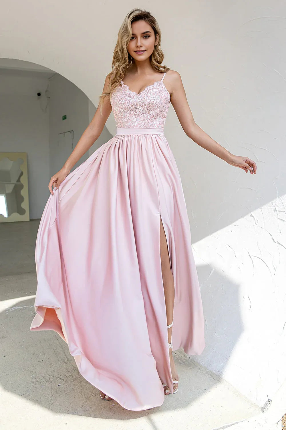 Romantic A-Line Lace V-Neck Sequins Spaghetti-Strap Open-Back Back Zip Floor-Length Prom Dress with Slit