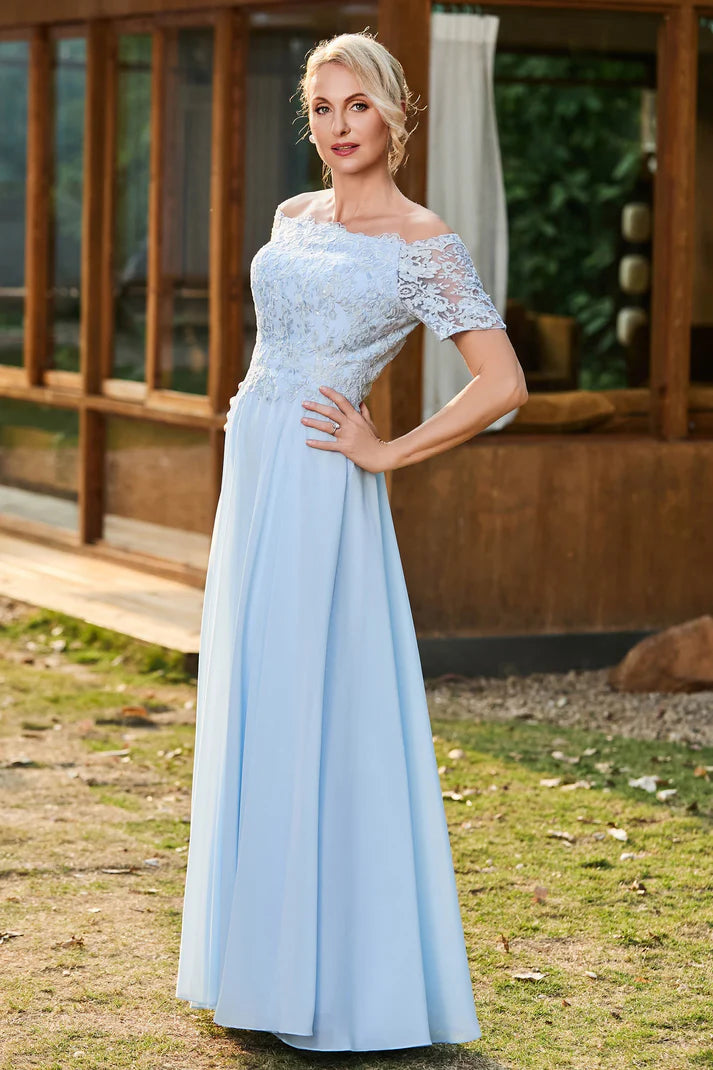 Romantic A-Line Off-Shoulder Short-Sleeve Button-Back Floor-Length Mother of the Bride Dresses