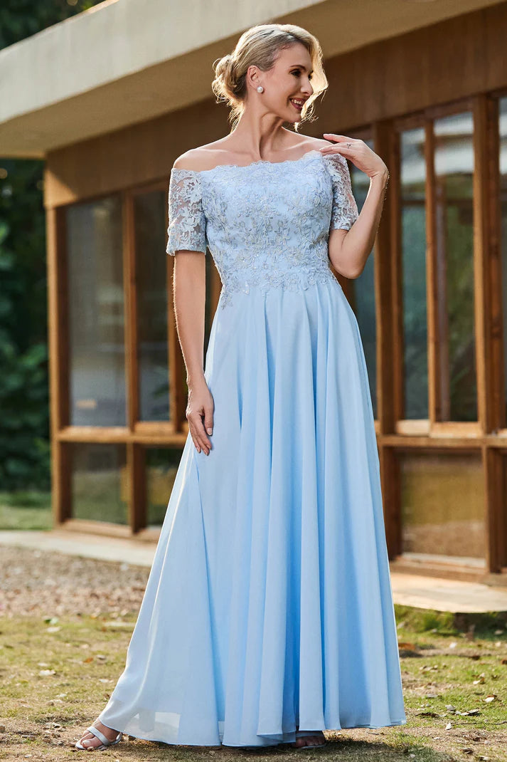 Romantic A-Line Off-Shoulder Short-Sleeve Button-Back Floor-Length Mother of the Bride Dresses